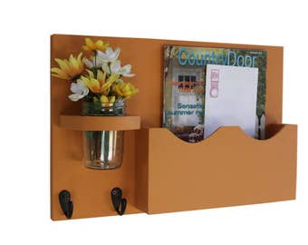 Mail Key Holder - Mail Organizer - Large Mail Slot - Mail Holder - Double Slots - Key Hooks - Jar Vase - Organizer - Painted Distressed Wood