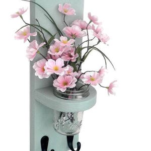 Hand Painted Wall Sconce with Mason Jar Vase and Black Metal Key Hooks image 2