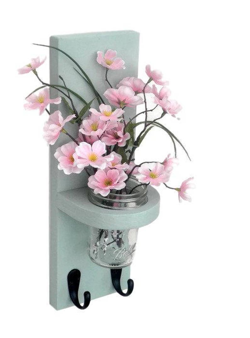 Hand Painted Wall Sconce with Mason Jar Vase and Black Metal Key Hooks image 2