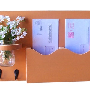 Mail Holder , Double Slots , Black Metal Key Hooks , Mason Jar Vase , Organizer , Painted Solid Wood image 2