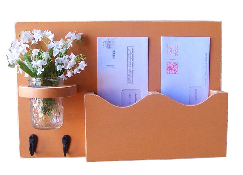 Mail Holder , Double Slots , Black Metal Key Hooks , Mason Jar Vase , Organizer , Painted Solid Wood image 2