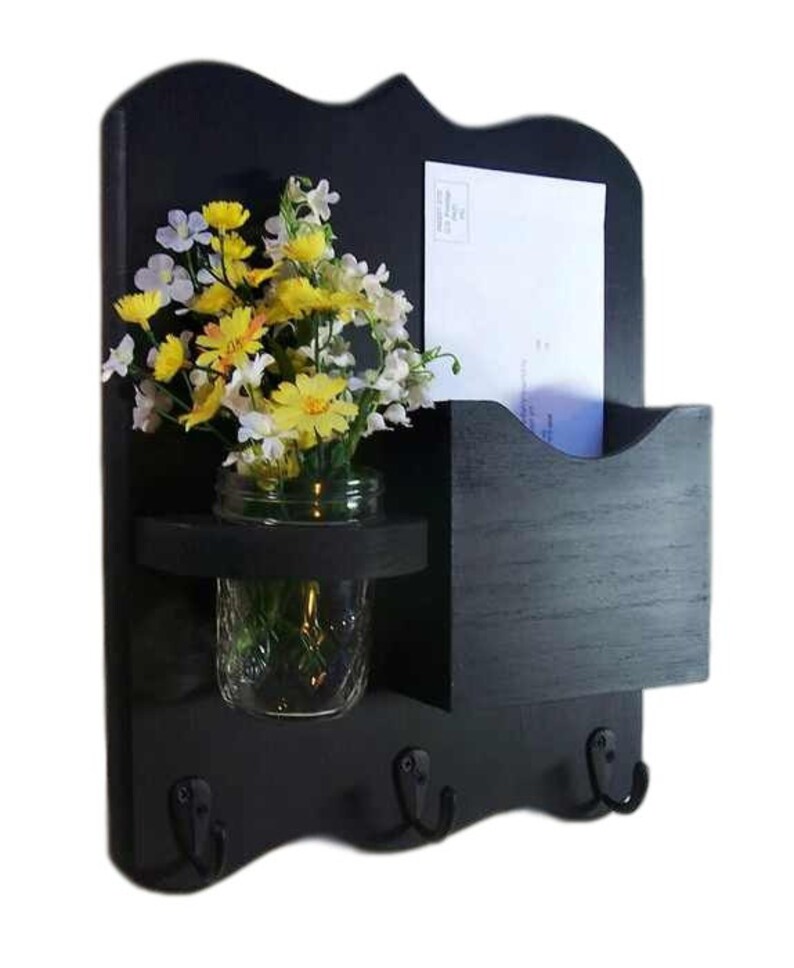 Mail Organizer , Mail and Key Holder , Letter Holder , Black Metal Key Hooks , Mason Jar Vase , Dog Leash Holder image 2