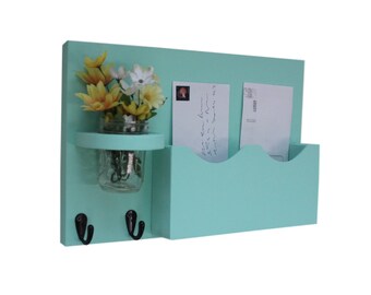 Mail Holder , Double Slots , Black Metal Key Hooks , Mason Jar Vase , Organizer , Painted Solid Wood