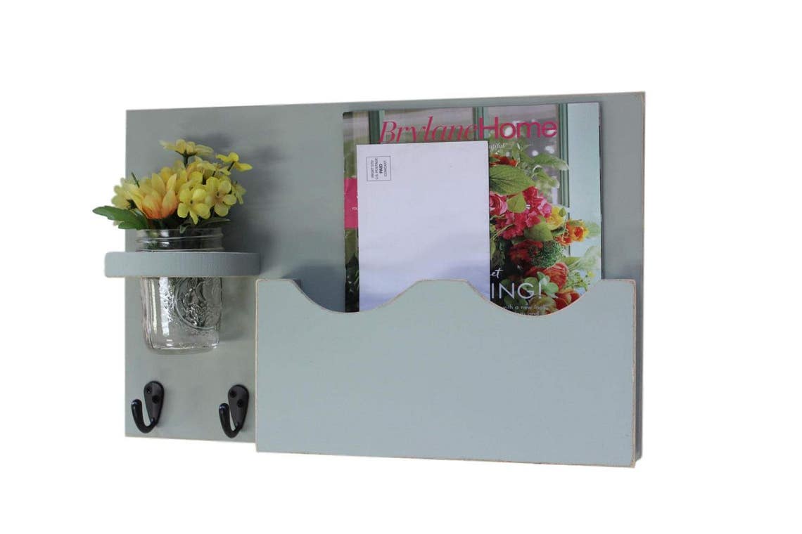 Mail Holder Large Mail Slot Black Metal Key Hooks Mason Etsy