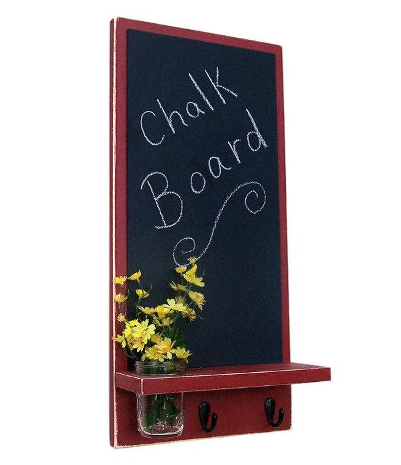 Chalkboard with Mason Jar, Shelf, Key Hooks, Painted Wood, Jar Holder image 2