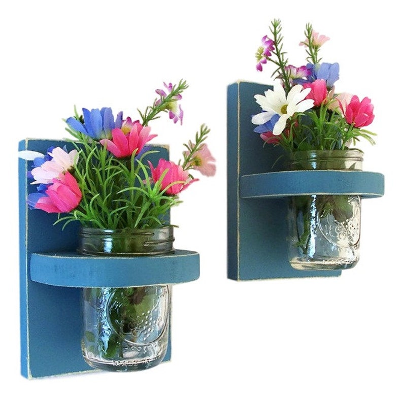 Solid Wood Hand Painted Wall Sconces with Mason Jar Vases, Set of Two image 2