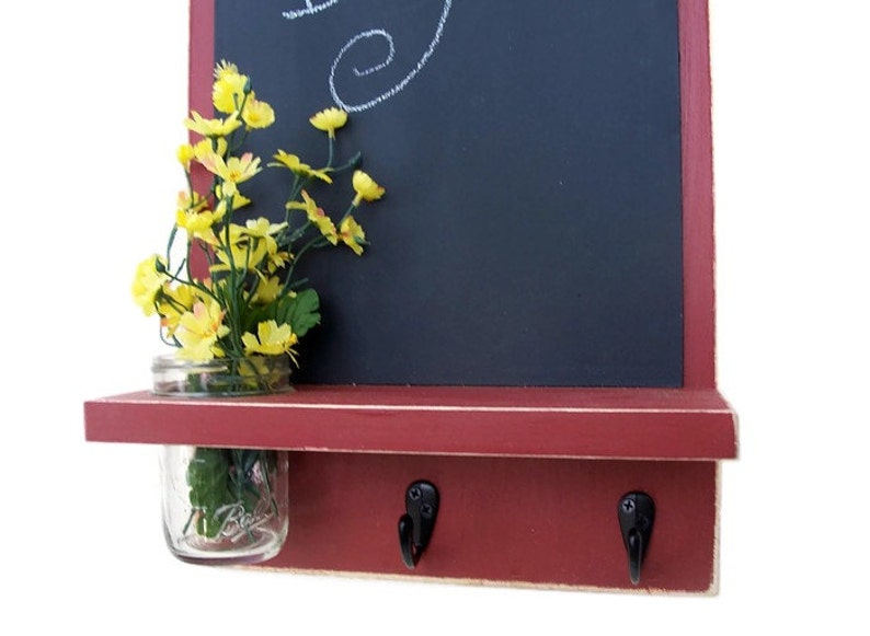 Chalkboard with Mason Jar, Shelf, Key Hooks, Painted Wood, Jar Holder image 4