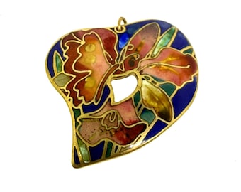 Colgante de corazón de esmalte champlevé firmado por David Kuo – Joyería de arte floral