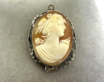 Vintage Sterling Silver Cameo Brooch Pendant • Hand Carved Shell Pin