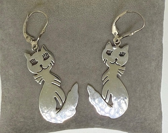 Vintage Sterling Silver Cat Dangle Earrings: .925 Animal Jewelry
