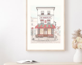 French wall art print Le Consulat Popular Paris Cafe with architecture and streets