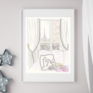 Love Cats in Paris print with Eiffel Tower View French wall art Paris nursery print image 3