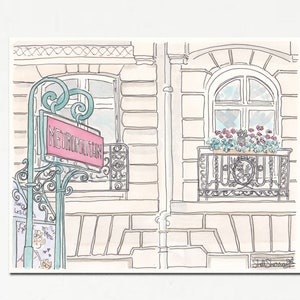 Paris Metro Sign with French Apartment Building Cat - print from original illustration