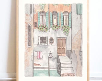 Travel print wall art Italy - Venice Canal Scene, Villa Green Shutters,