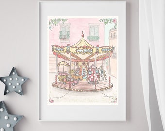 Carousel in France wall art print with Fun Vintage Transport Carriages - Horizontal option also available - French nursery - Merry go Round