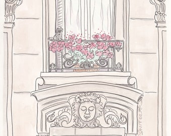 French Wall Art Building with Flowering Balcony Cat Paris Print
