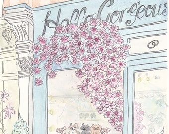 Hello Gorgeous Flower Shop with Cats art print, Flower shop painting with cats, Flower Shop print