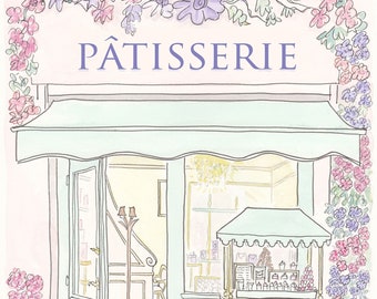 Patisserie Paris art print - French Patisserie Flowering with Cart and Cat illustration