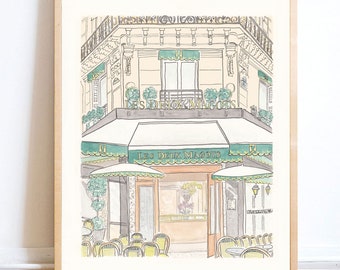 French Cafe wall art Les Deux Magots Cafe illustration - Paris Cafe in Summer