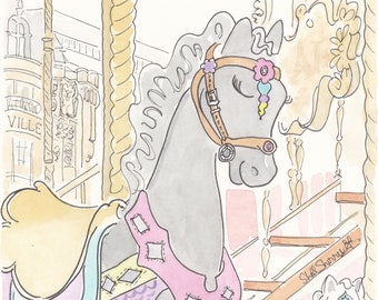 French Carousel Pony Art Print: Watercolor Nursery Decor
