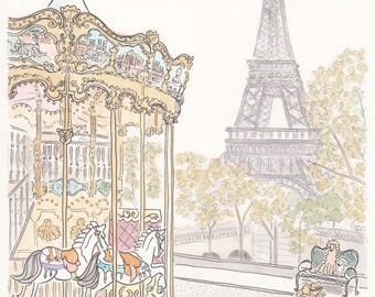 Paris Carousel at Trocadero with Eiffel Tower art print - French carousel print giclee