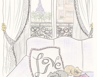Love Cats in Paris Print: Eiffel Tower View, French Nursery Art
