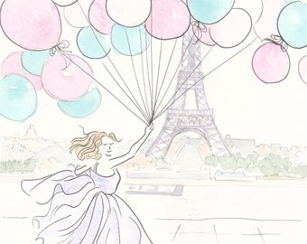 Paris Eiffel Tower and Balloons print - Paris print, Eiffel tower print, pretty Paris print