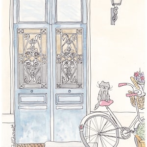 French Blue Doors and Bicycle with Sweet Cat art print Tour de Kitty Paris doors wall art image 1