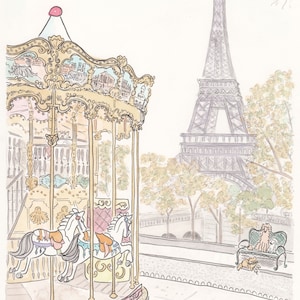 Paris Carousel at Trocadero with Eiffel Tower art print - French carousel print giclee