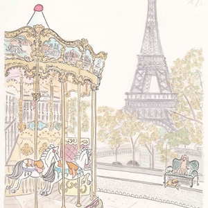 Paris Carousel at Trocadero with Eiffel Tower art print - French carousel print giclee