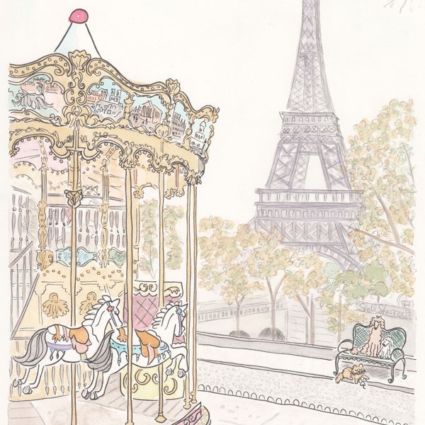 Paris Carousel at Trocadero with Eiffel Tower art print - French carousel print giclee