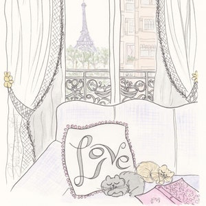 Love Cats in Paris print with Eiffel Tower View French wall art Paris nursery print image 1