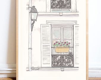 French Building Wall Art Print: Whimsical White Paris Apartment with Iron Railings