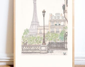 Eiffel Tower Paris wall art print illustration with architecture and French decor vibe