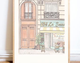 Whimsical Paris illustration art print of Patisserie Cafe La Bossue and Divine French Doors