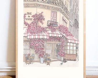 French Cafe, Pink Flowers, Balconies print from hand-drawn illustration