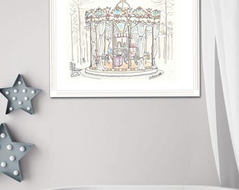 Paris Carousel Nursery Art Print: Jardins des Tuileries, French Illustration