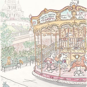May include: Watercolour illustration of a carousel with horses, set against a European cityscape. The carousel features the text "CARROUSEL VENETIEN DU XVIII. SIECLE". Dogs are sitting on benches in the foreground.