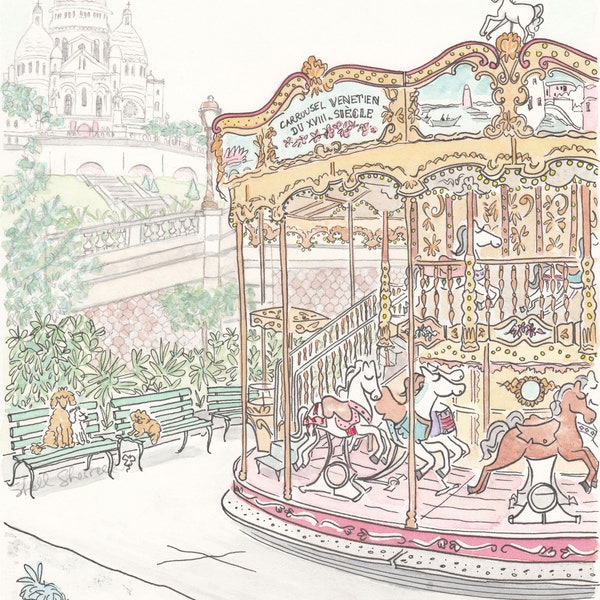 Paris Carousel Montmartre with Sacre Coeur art print - French carousel wall art