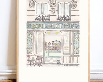 French Bakery Watercolor Illustration, Paris Boulangerie kitchen art print