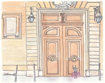 Paris Doors wall art French Building with Cute Cat - Paris architecture