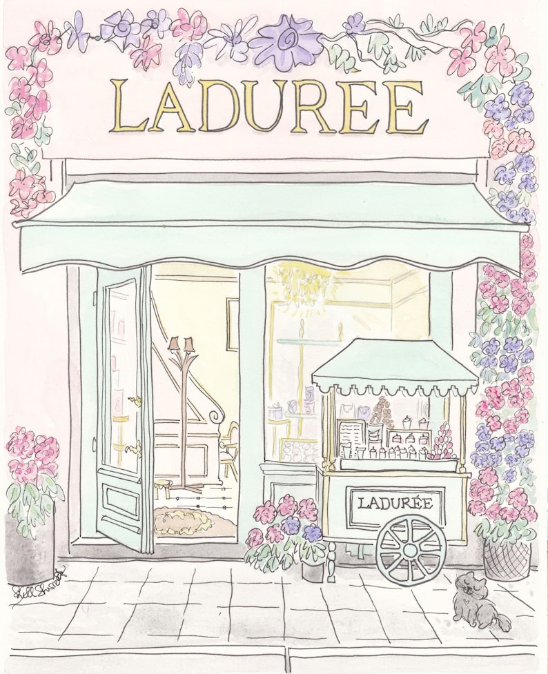 Patisserie Paris art print French Patisserie Flowering with Cart and Cat illustration image 7