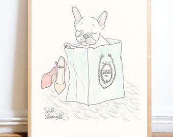French Bulldog Wall Art Print of hand-drawn illustration: White Dog, Shoes, Laduree