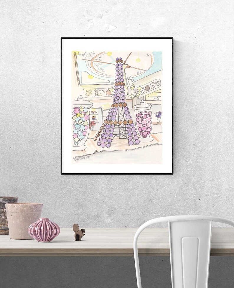 Eiffel tower wall art - Eiffel Tower of macarons and Paris sweets in Stohrer Patisserie illustration by shell sherree