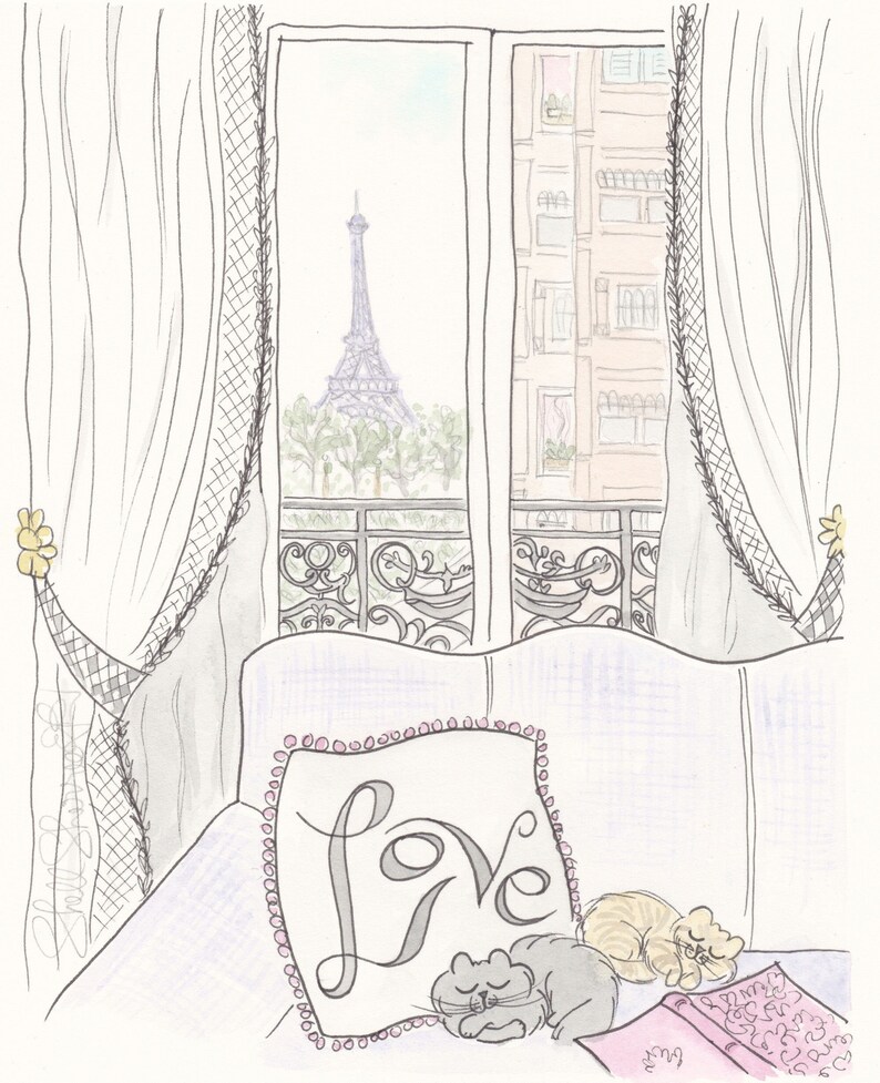 Love Cats in Paris print with Eiffel Tower View French wall art Paris nursery print image 1