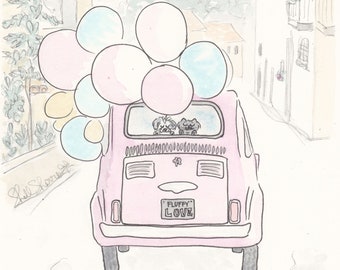 Pink Nursery art Cute Dog and Cat Pink Car with Balloons art print - pastel nursery