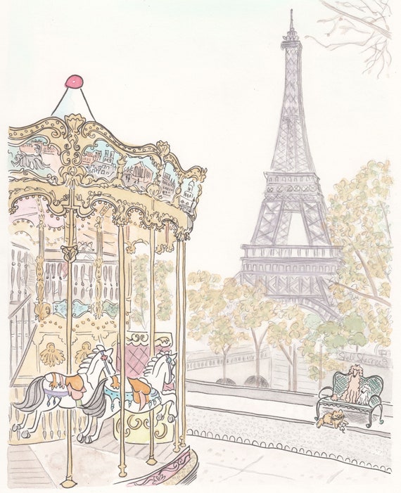 Paris Carousel at Trocadero With Eiffel Tower Art Print Etsy