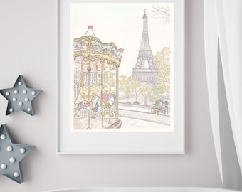 Paris Carousel Art Print: Eiffel Tower View, Trocadero Giclee