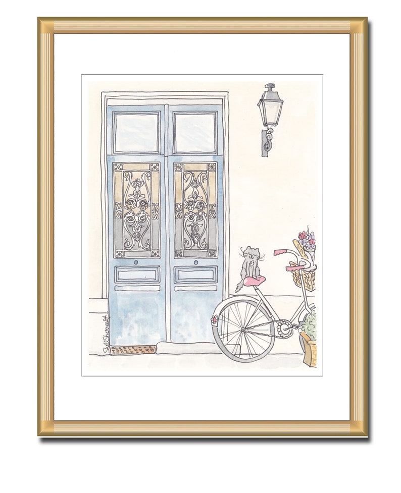 French blue doors with ornate iron and sweet cat on bicycle illustration by shell sherree - gold frame and mat example