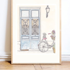French blue doors with ornate iron and sweet cat on bicycle illustration by shell sherree - large framed example